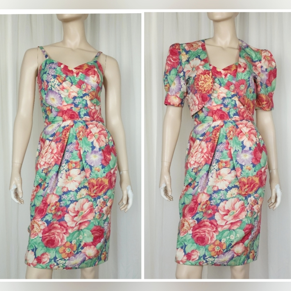 Vintage 80s 2pc floral cotton wiggle dress with crop bolero jacket S